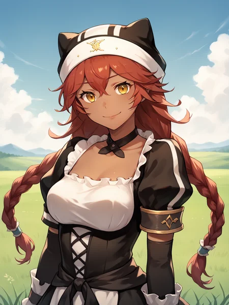 score_9, score_8_up, score_7_up, score_6_up, score_5_up, score_4_up, BREAK, source_cartoon, source_anime, 1girl, lupusregina, red hair, long hair, twin braids, yellow eyes, dark skin, choker, dress, hat, maid, upper body, sadistic smile, looking at viewer, solo, blue sky, grass, meadow background <lora:LupusReginaXL:1>