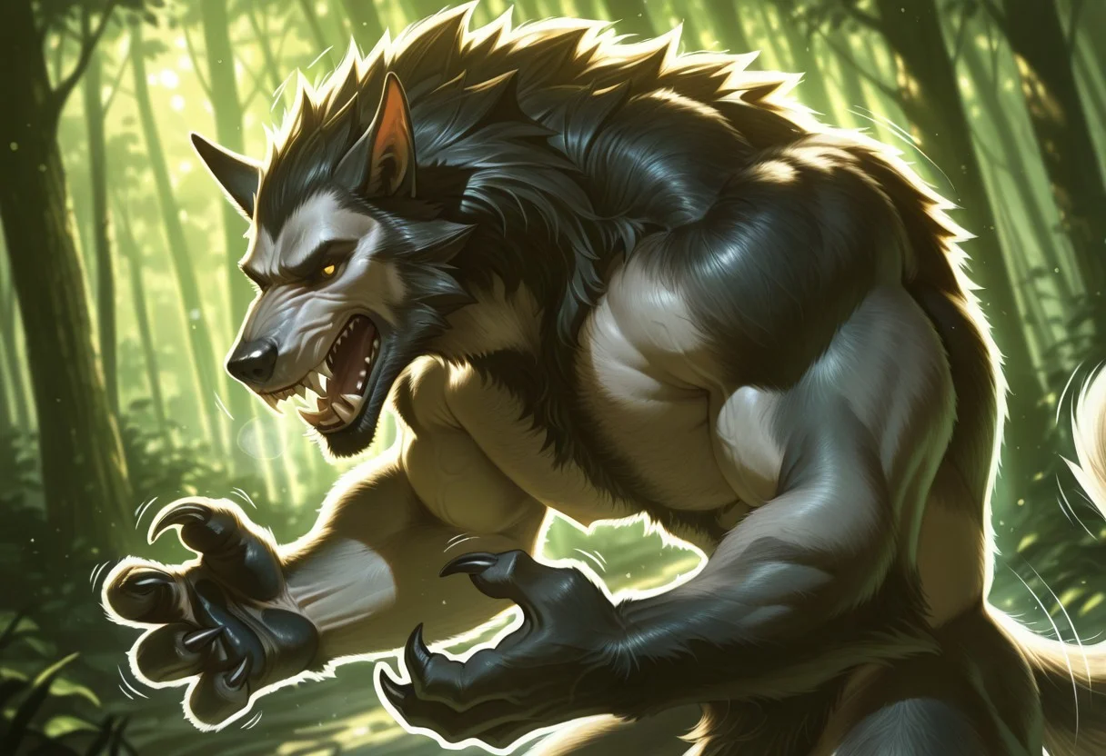 best quality, high-detailed background, hi res, realistic, solo, handsome, species:werewolf, mid-transformation, transformation sequence, growth, tremble lines, swelling, enjoying, white outline, intense motion lines, looking at hands, watching hands transform into paws, hands become paws, big hands, stretched fingers, claw growth, long sharp claws,