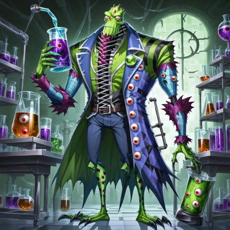 a skinny fleshmutant frankenstein's monster covered in eyes holding a beaker inside of a laboratory,patchwork creature,patchwork skin,full body,2d,anime