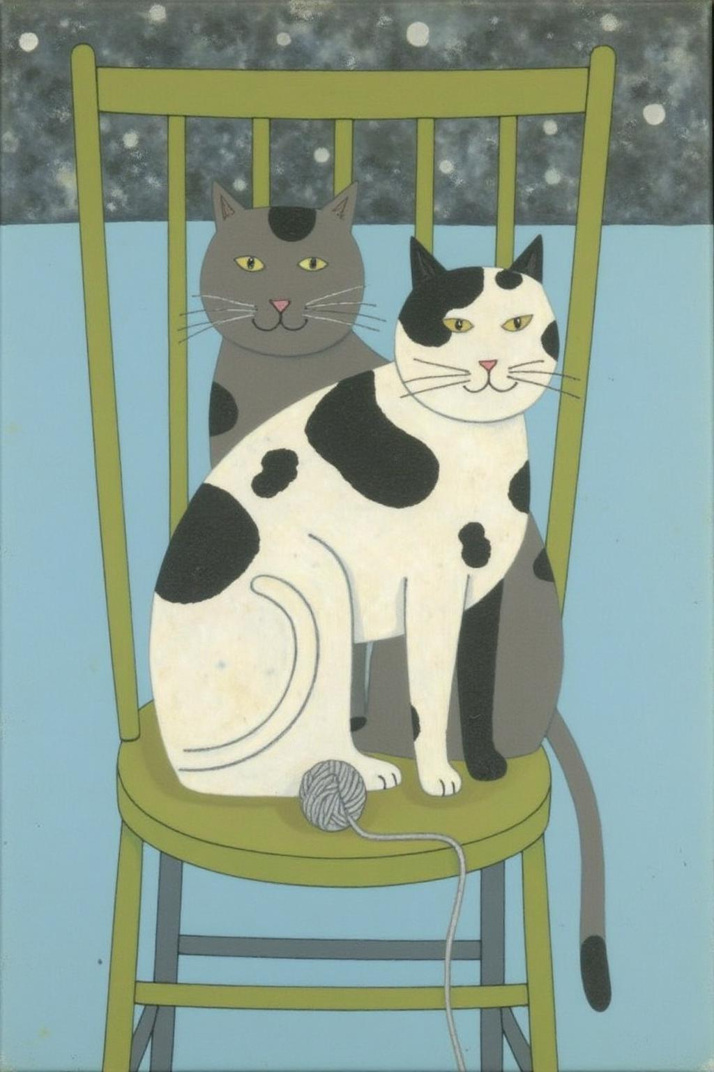 dorislee1 painting.
Two cats sit on a wooden chair with a green seat and backrest, positioned centrally. The cat in the foreground is white and black with distinctive black spots and is sitting upright. A ball of yarn with a white string extends from it, suggesting play.
 <lora:dorislee1_cap_d6a3:1.0><lora:834815787198997109:0>