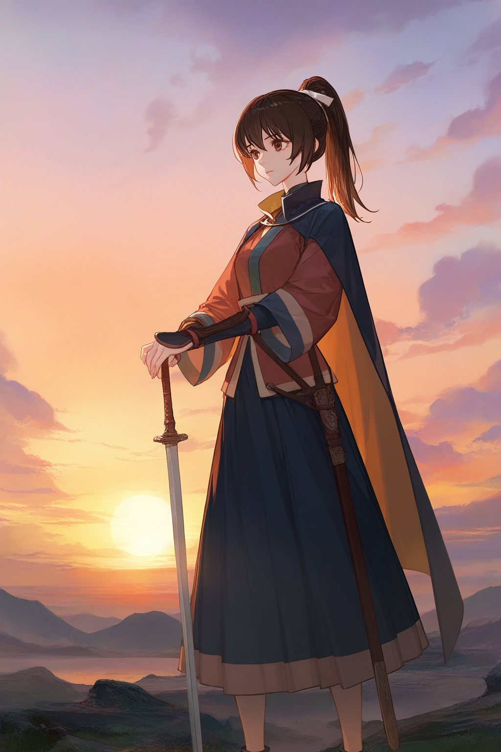 artist:ask_(askzy),artist:yolanda,[artist:WANKE],artist:ciloranko,multicolored,<lora:fenglingyuxiu-000018:0.6>, -fenglinger, 1girl, solo, brown hair, sky, cloud, ponytail, outdoors, brown eyes, sword, weapon, cape, skirt, standing, sunset
