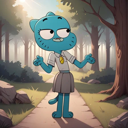 score_9, score_8, BREAK, Nicole, a cat, cat tail, light blue fur, upper lip is a lighter shade of blue, black eyes, pink nose, visible eyelashes, barefoot, has a slim body with wide hips, flat chest, round eyes, white collared shirt tucked in,short light gray skirt, pleated skirt, sexy pose, self portrait, smile, outdoors, sunlight, shadows, evening lighting, natural lighting, forest, trees, grass, orange sky, sunset