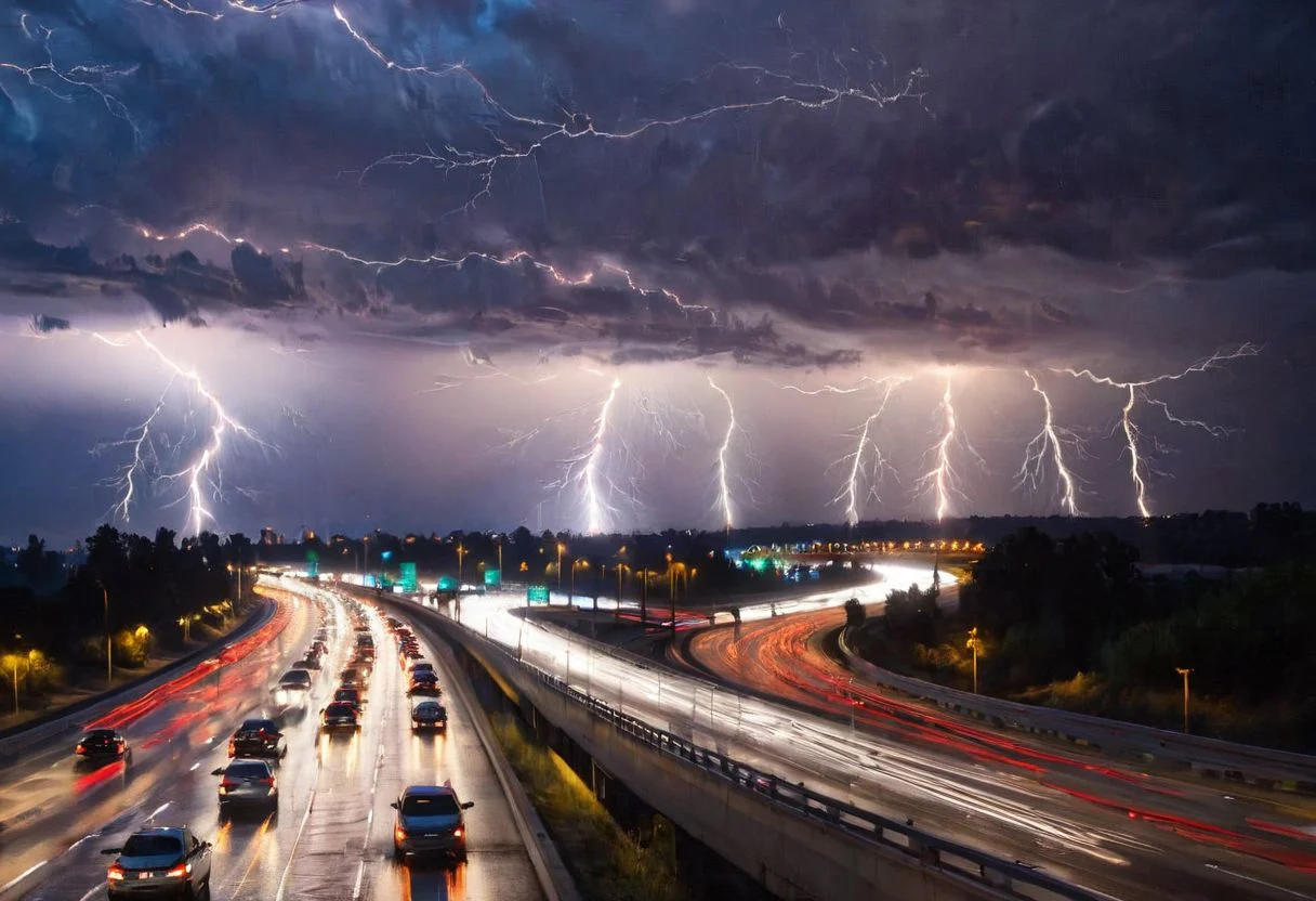 cars on the freeway, bright lights and thunder