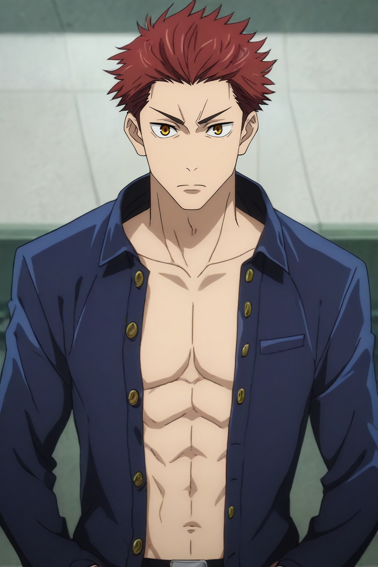 score_9, score_8_up, score_7_up, source_anime, rating_safe, intricate details, anime screencap, , official style, , , , 1boy, male focus, amber eyes, red hair,, solo, Parallel universes, <lora:jujutsu_kaisen_style_pony:0.76>, jujutsu_kaisen_style, <lora:sdxl_lightning_8step_lora:1>
