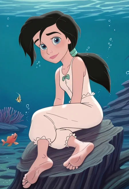 (screencap, official style:1.2), 1girl, small breasts, (MelodyXL:1.1), black hair, blue eyes, ponytail, makeup, sleeveless, shirt, pants, white pajamas, barefoot, feet, soles, feet focus, light smile, underwater, air bubbles, reef, coral, (fishes), cute pose, looking at viewer, outdoors, sea, sitting, dynamic pose, cowboy shot, day, <lora:Melody_character-12:1>