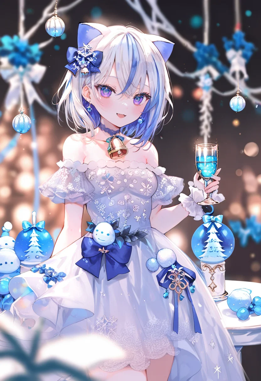 score_9, score_8_up, score_7_up, score_6_up, <lora:oninekoXL_TPN55_lokr_V43P1:0.95> 1girl, dress, solo, animal ears, cup, holding, blue hair, holding cup, smile, bell, multicolored hair, purple eyes, virtual youtuber, off-shoulder dress, looking at viewer, drinking glass, white hair, bare shoulders, white dress, wrist cuffs, open mouth, bow, cat ears, off shoulder, :d, hair bow, neck bell, jewelry, champagne flute, blush, blurry, short hair, earrings, hair ornament, flower, streaked hair, hair between eyes, blue bow, blue flower, christmas, breasts, blurry background, snowman, choker, blue eyes