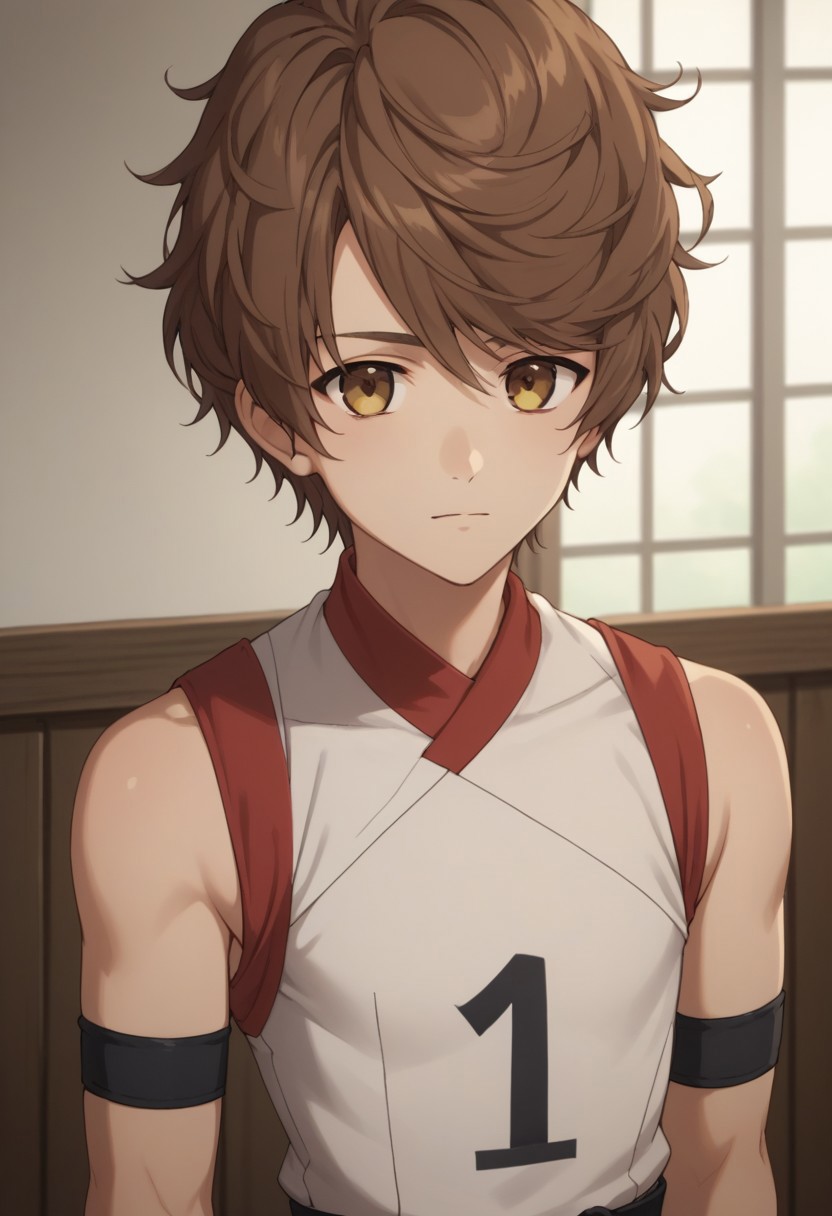 score_9, score_8_up, score_7_up, source_anime, highly detailed, 
mamoru, brown hair, solo, brown eyes, looking at viewer, 1boy, short hair, male focus, wristband, sleeveless, pants, short pants, black belt, competition uniform, upper body,