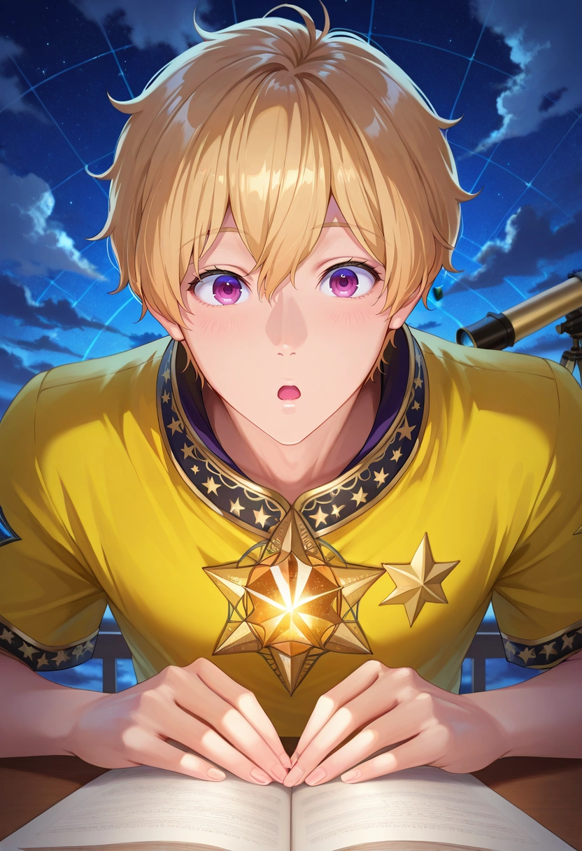 masterpiece, best quality, intricate details, (photorealistic:0.6), looking at viewer, 1boy, solo, male focus, <lora:nagisa_hazuki_ilxl:0.94>, nagisa_hazuki, blonde hair, purple eyes, sky observatory, cloud platforms, star maps, telescope arrays, studying pose, fascinated expression, night,