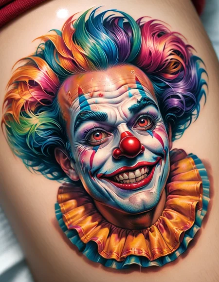 Tropical Flowing ral-rlstcttoo, ð as a Clown, eyebrows of Envy and chin of Memory, American background, Retro, Whimsical, vignette, funny, <lora:ral-rlstcttoo:0.85>, fabulous colors, contemporary, sublime, dynamic composition, theatrical, grand illumination