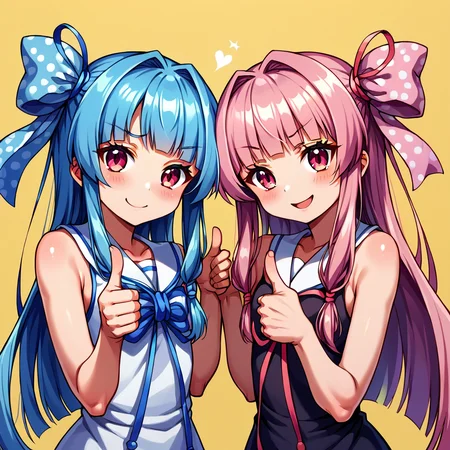 score_9, score_8_up, score_7_up, source_anime, BREAK
2 girls, sisters, kotonoha akane, kotonoha aoi, blue hair, pink hair, black dress, white dress,
<lora:Kotonoha_MMD_Pony_V1:0.85>KotonohaMMD, pink eyes, long hair, bangs, blunt bangs, sidelocks, very long hair, hair intakes,hair ribbon, ribbon, hair ornament, hair tie, yagasuri,
dress,sleeveless, bare shoulders, collared dress, wide sleeves, long sleeves,
(upper body:1.5),
((yellow background, simple bacground,))
smile, looking at viewer, ((Thumbs up:1.5)),upper body,Heart speech bubble