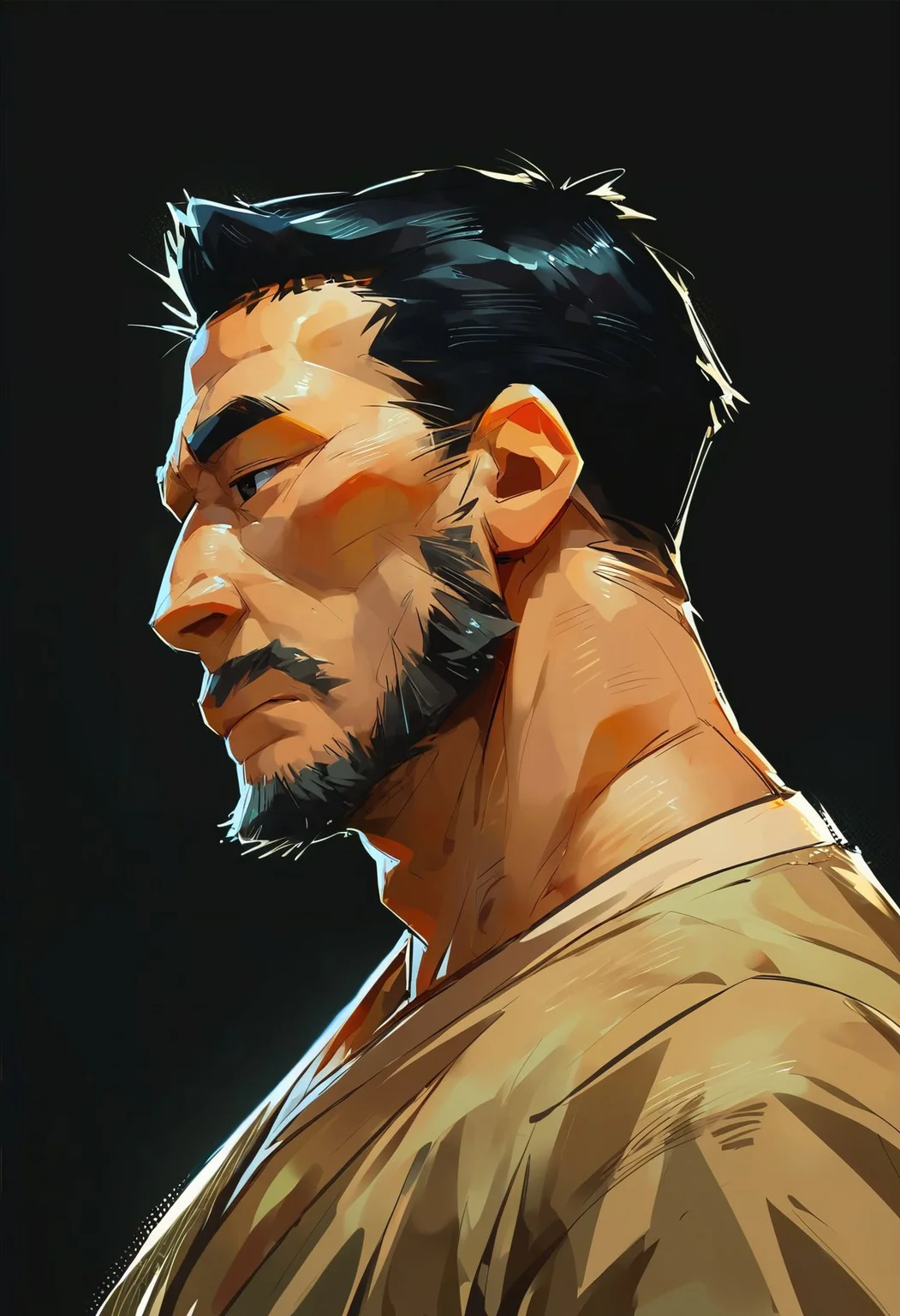 score_9,score_8_up,core_7_up, <lora:samdoesarts_pdxl_v1:1>1boy, solo, male focus, black background, black hair, from side, upper body, simple background, profile, black eyes, closed mouth,mature male