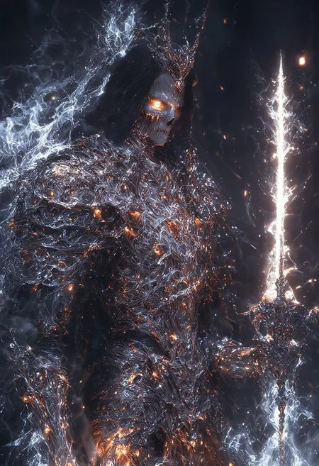 famous hyper-realistic fantasy painting, realistic, photo-realistic, highly aesthetic, accurate, ultra detailed, accurate, high resolution, uhd, 8k, 4k, dramatic, dutch angle, rule-of-thirds, epic, at night, dim lighting, generations journey reach the hallowed end, suspended water, plasma of the sacrament, the black key of the veil, the black path of water bridges transcendency, corporeal constraints, corporeal shedding, cimerian weeping caught in tired chaliced hands, disciples parched lips, imbibe sable revered essence, with dried throats consumed to expand into divine command, ethereal vision's dawn, ethereal inception, seeing through hidden screens, woven branches undulate, weaves of crystal replicate, ghastly silhouette, bringer of madness, deathless watcher, interdimensional entity, ethereal light, eldritch runes, lovecraftian, cthulhu mythos, mythp0rt, hkdeath, <lora:style-mythic_fantasy-v2-flux-by_velvets:0.68> <lora:living_death-flux-by_hailoknight:0.96> <lora:epic_gorgeous_details-balance-flux-by_flyway:0.68> <lora:image_enhancer-flux-by_dever:0.68>