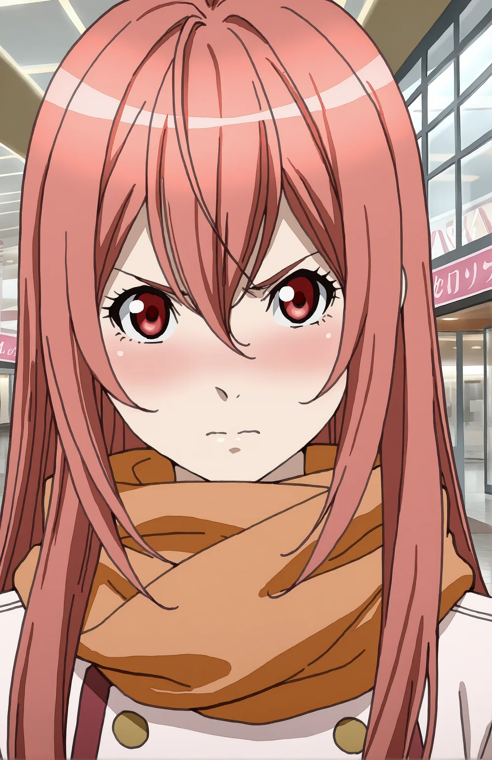 KusaribeHakaze. 1girl, long hair, hair between eyes, red hair, red eyes, scarf, white coat, looking at viewer, mall, standing, embarrassed, (portrait, face focus)