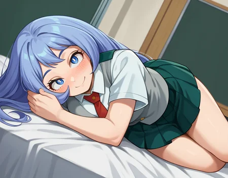 score_9, score_8_up, score_7_up, source_anime,
nejirehadou, <lora:nejire-hadou-ponyxl-lora-nochekaiser:1>
nejire hadou, blue eyes, blue hair, long hair, smile,
necktie, pleated skirt, school uniform, short sleeves, skirt, u.a. school uniform,
indoors, bed, bed room, on side, blush, drunk,
looking at viewer, dutch angle, cowboy shot,