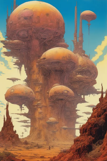 Josh Kirby Style - A lush, futuristic dystopian landscape where robotic creatures, inspired by the style of Jean Giraud (Moebius), stand against Death itself, embodied