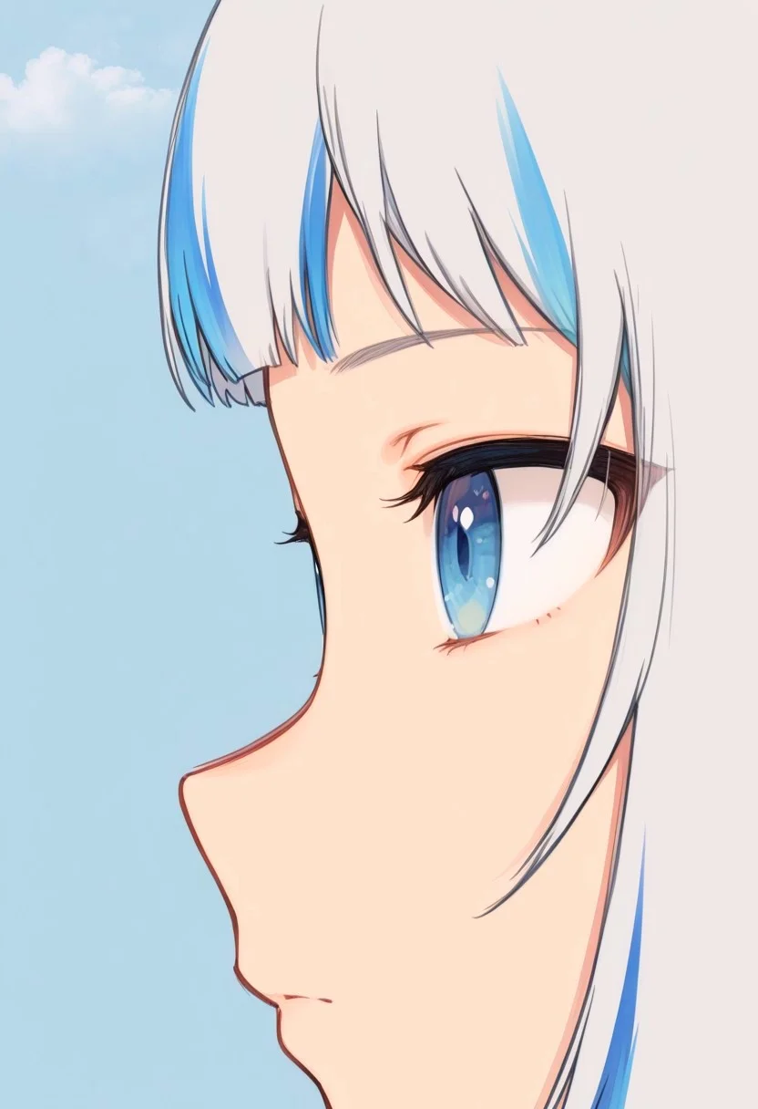 gawr gura, grey hair, streaked hair, blue eyes, looking_ahead , side view, from side, [blue hair], detailed eyes, looking forward, light blue background, sky, closeup, eye focus, expressionless, best quality, masterpiece, 
