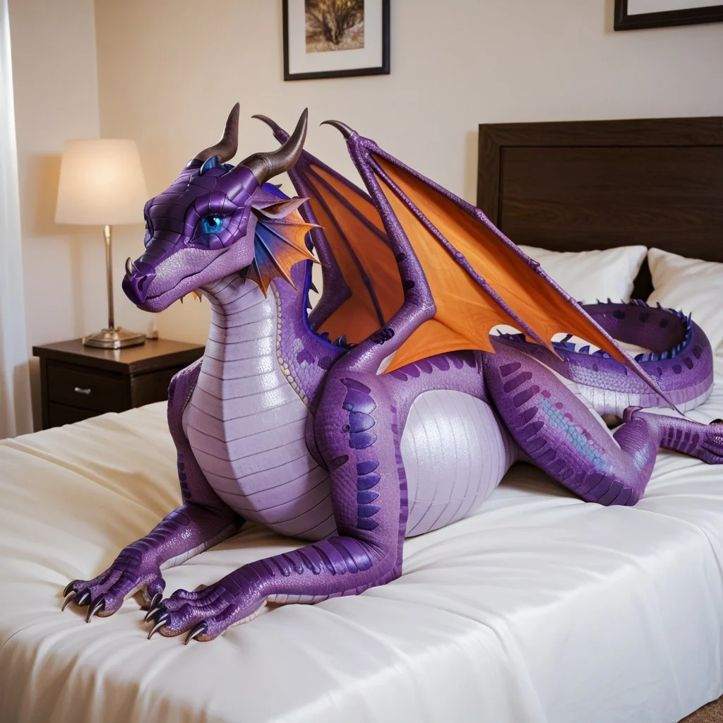 score_9, score_8_up, score_7_up, score_6_up, score_5_up, score_4_up, masterpiece, high quality, realistic, detailed, best quality, white bed, solo, rating_safe, source_furry, bedroom, smiling, seductive, looking at viewer, lying on belly, full body, detailed eyes, Rainwing, dragon, ear ruffs, head fins, scales, horns, claws, wings, tail, detailed eyes, Grandeur_wof, purple scales, female, 1girl, blue eyes