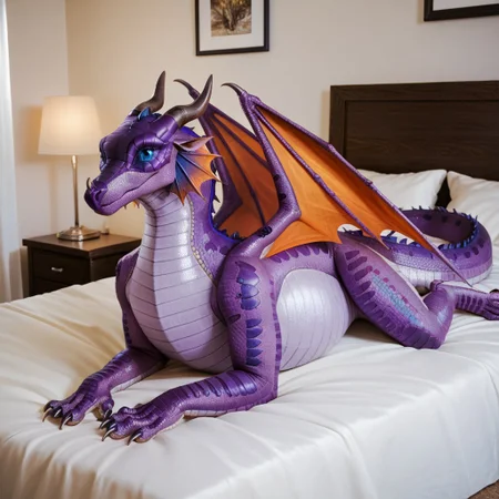 score_9, score_8_up, score_7_up, score_6_up, score_5_up, score_4_up, masterpiece, high quality, realistic, detailed, best quality, white bed, solo, rating_safe, source_furry, bedroom, smiling, seductive, looking at viewer, lying on belly, full body, detailed eyes, Rainwing, dragon, ear ruffs, head fins, scales, horns, claws, wings, tail, detailed eyes, Grandeur_wof, purple scales, female, 1girl, blue eyes