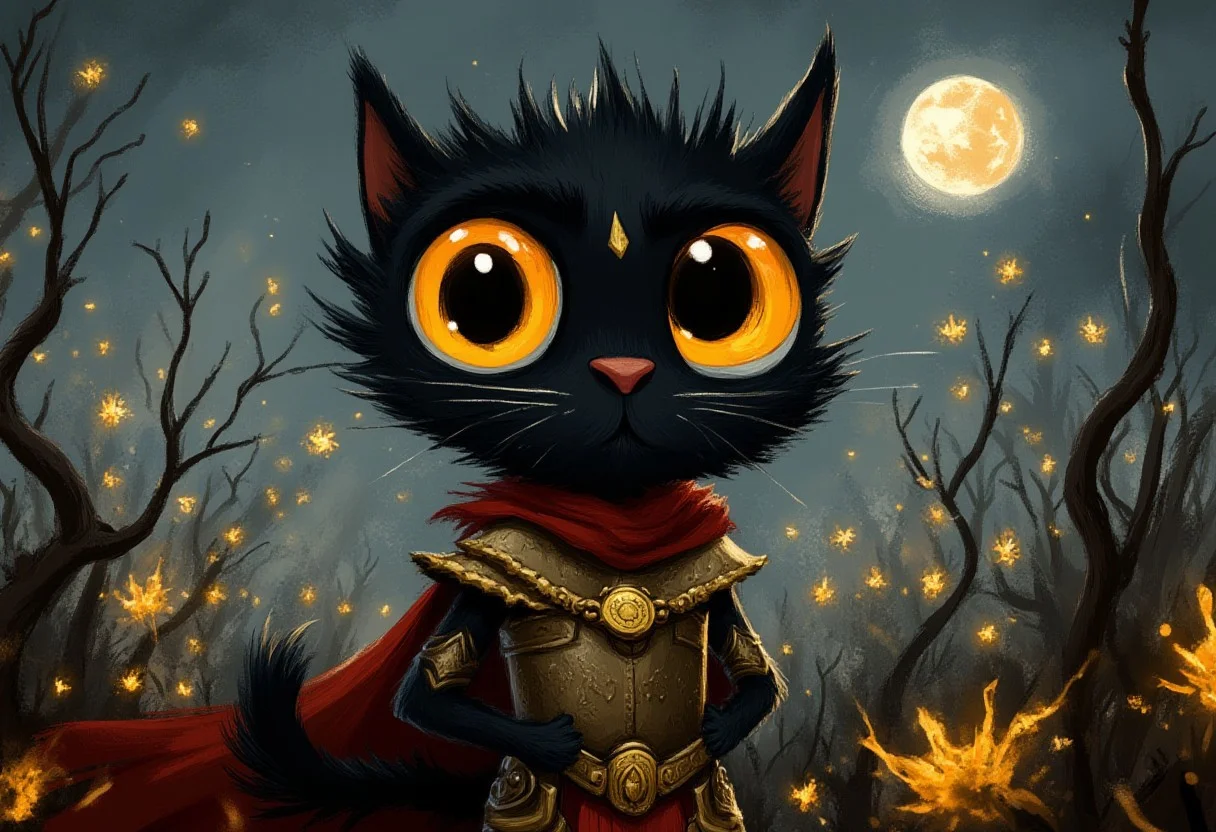 A whimsical illustration of a majestic lanky black cat with huge, intense amber eyes in dark whimsical art style, standing proudly in Spartan warrior stance, wearing ornate bronze breastplate and battle-scarred leather straps, flowing red cape catching wind, spiky fur visible beneath armor, digital painting with dynamic brushstrokes showing detailed metal textures and wild fur, surrounded by swarms of floating golden fireflies creating dancing lights in darkness and twisted vines, moonlit battlefield background, characteristic Tim Burton inspired design with eyes reflecting warrior's spirit