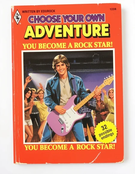 choose your own adventure vintage book cover, Title: "CHOOSE YOUR OWN ADVENTURE", colorful stylish letters, "YOU BECOME A ROCK STAR!", "32 possible endings" "WRITTEN BY EDUROCK" boy playing a Lavender electric guitar, live concert, passionate fan girls in love dancing, girls dancing, fantasy, Peacock Blue leather jacket, blue jeans, smiling, stand up, ultradetailed, cross necklace, <lora:RomanceBookCover01-00_CE_FLUX_128AIT:1> rmcebkCE style , <lora:Hand v2:1>