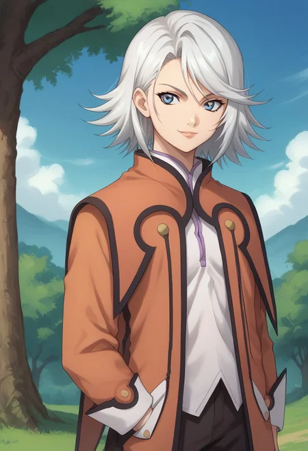 score_9, score_8_up, score_7_up, source_anime, highly detailed,
rainesage, solo, blue eyes, 1girl, short hair, smile, grey hair, coat,
orange coat, shirt, white shirt, long sleeves, pants, black pants, serious
outdoor, sky, tree