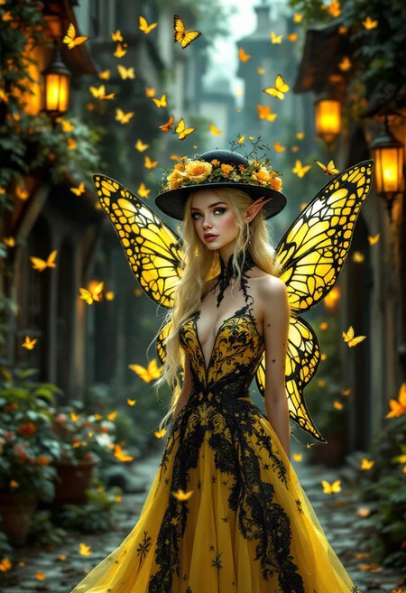 A captivating digital fantasy illustration featuring a graceful elven fairy with delicate features and long blonde hair. She stands elegantly in an enchanting, overgrown alleyway, wearing a striking yellow and black dress embellished with intricate lace and tiny butterflies. Atop her head, she sports a fancy, dark dome-like hat adorned with flowers and more of the same butterflies. Her butterfly-like wings shimmer with golden hues and are adorned with intricate patterns. The atmosphere is magical, as butterflies of various sizes and colors flutter around her and the surrounding buildings. The old, slightly dilapidated buildings are covered in lush greenery, and warm, glowing lanterns cast an inviting glow throughout the scene. The overall mood is conceptual, vibrant, and cinematic.