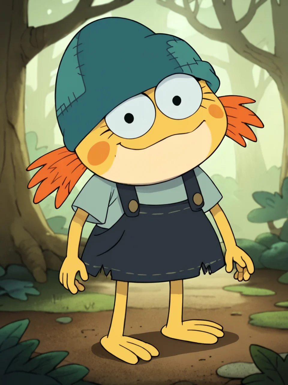 score_9, score_8_up, score_7_up, score_6_up, BREAK, AmphiIvy, solo, smile, black eyes, orange hair, looking at viewer, yellow skin, blue shirt, overalls, blue headwear, barefoot, in the forest <lora:Ivy_Sundew:1> <lora:DetailedPerfect_hands_r1:0.6>