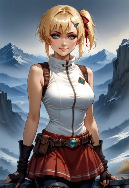 score_9, score_8_up, score_7_up, score_6_up, score_5_up, score_4_up, hud_gds_styl,
solo,
1girl, emma brightness, \(The Hidden Dungeon Only I Can Enter\), blonde hair, blue eyes, short hair, hair ribbon, side ponytail, hairclip,
red skirt, fingerless gloves, sleeveless, boots, black socks,
blush, looking at viewer, smile, closed mouth,
mountainous horizon, uncensored, large breasts,
