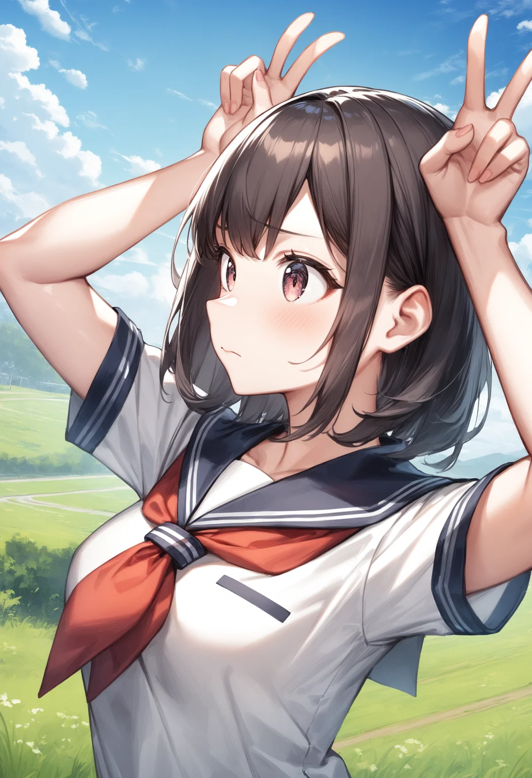 1girl, <lora:sdxl2-flat2-512b:-1>,medium breasts,school uniform,
<lora:usapiece_XL_v1:0.7>usa piece,double v, arms up,
from side, portrait, looking away, blush, roads in the grasslands, closed mouth,
best quality, very aesthetic, absurdres