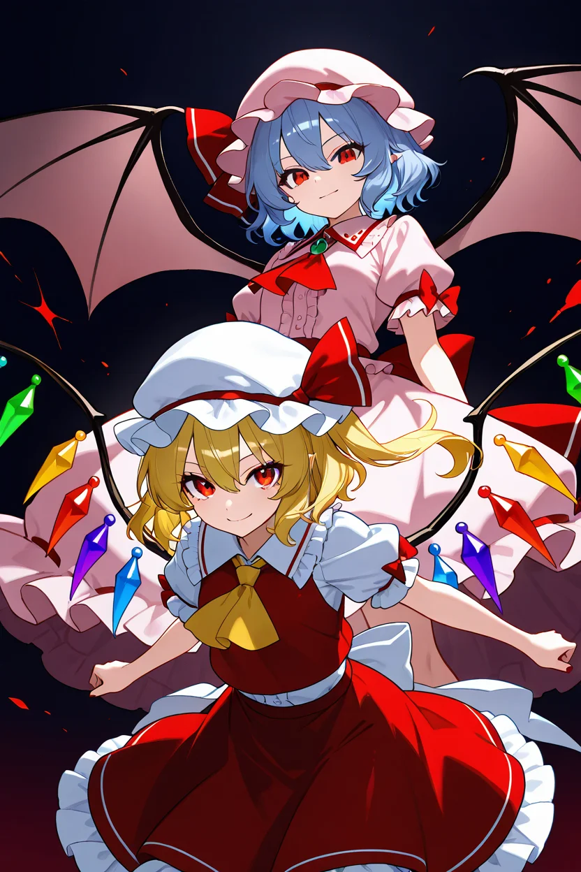 masterpiece, best quality, 21 year old model, eyelashes, (beautiful eyes), ,,,2girls, zzRemilia, red eyes, blue hair, short hair, hat, ribbon, wings, ascot, hat ribbon, pink dress, bat wings, short sleeves, frills, puffy sleeves, zzFlandre, red eyes, blonde hair, one side up, hair between eyes, wings, ascot, red skirt, hat ribbon, short sleeves, puffy sleeves, mob cap, red shirt, <lora:ScarletSistersIXL_v1:1.0>, dynamic pose, cowboy shot, smile, looking at viewer, shiny skin,