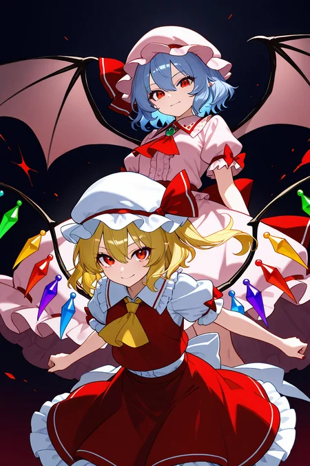 masterpiece, best quality, 21 year old model, eyelashes, (beautiful eyes), ,,,2girls, zzRemilia, red eyes, blue hair, short hair, hat, ribbon, wings, ascot, hat ribbon, pink dress, bat wings, short sleeves, frills, puffy sleeves, zzFlandre, red eyes, blonde hair, one side up, hair between eyes, wings, ascot, red skirt, hat ribbon, short sleeves, puffy sleeves, mob cap, red shirt, <lora:ScarletSistersIXL_v1:1.0>, dynamic pose, cowboy shot, smile, looking at viewer, shiny skin,
