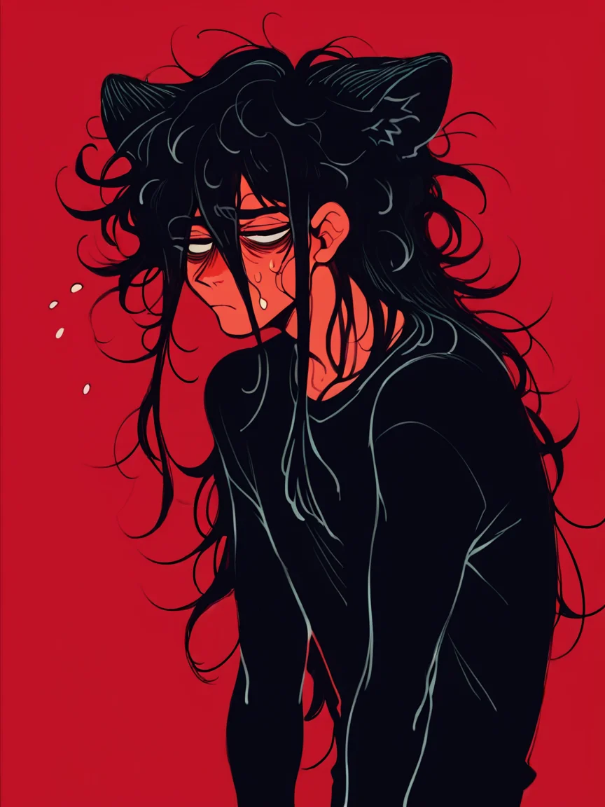 score_9, score_8_up, score_7_up, score_6_up, score_5_up, <lora:D1zzysp3llsXLP:1> d1zzysp3lls, 1boy red background, black hair, cat ears, long hair, messy hair, tired, black shirt,