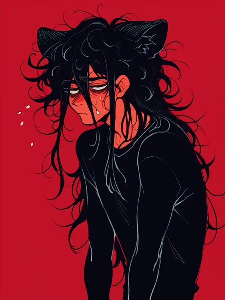 score_9, score_8_up, score_7_up, score_6_up, score_5_up, <lora:D1zzysp3llsXLP:1> d1zzysp3lls, 1boy red background, black hair, cat ears, long hair, messy hair, tired, black shirt,
