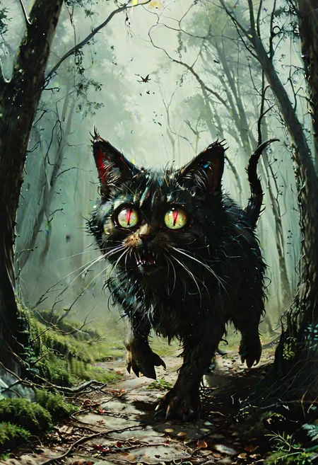 a cute but scary cat running towards the viewer, horror forest background, realistic, detailed, 8K resolution, masterpiece