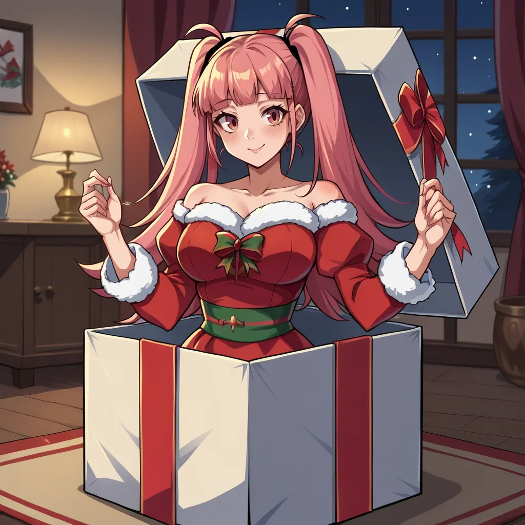 score_9, score_8_up, score_7_up, score_6_up, score_5_up, score_4_up, zPDXL2,source_anime,rating_questionable, indoors, 1girl, looking at viewer, hilda_valentine_goneril <lora:Present_Box:0.8> pr3s3nt, gift box, looking at viewer, in container, waist up, night time, Christmas dress, red dress white trim,