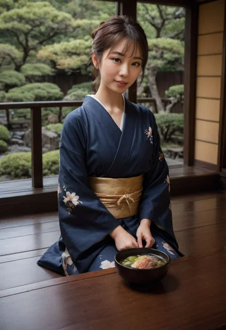 From frontal below :1.3,(dark background:1.3),(sitting behind wood table:1.631),(restaurant at ryokan:1.2),(Japanese tea cups and ((sukiyaki ))on table:1.63),((sukiyaki :1.5)),(beautiful real texture :1),smile face:1,(royal),10k,(real skin texture:1),high resolution,(one 32 years old elegant Japanese woman wearing in jyuban and colored long kimono:1.2), (looking at garden :1.4),exquisite face:1,(163cm tall:1),(fine wrinkle :1.),(detailed innocent girls face:1.), NegfeetV2,(symmetrical),(small single chignon:1), ((one side )breast out:1.4)
