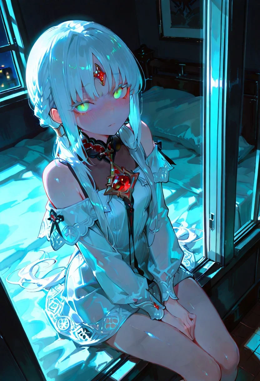 masterpiece, best quality, good quality, newest, highres, absurdres, volumetric lighting,gradient color,
BREAK
raytracing, volumetric lighting, ambient occlusion, girl, luminescent background, masterpiece, best quality, very awa, absurdres,
BREAK
masterpiece,amazing quality,best quality,ultra-detailed,8K,illustration,CG,shiny hair,clear skin,ultra-detailed-eyes,simple background,cute girl, eyelashes
BREAK,
1girl, white hair, blue eyes,
long hair, green eyes, colored eyelashes, forehead jewel, low twintails, french braid, red gemstone, dress, off-shoulder dress, see-through, long sleeves, short dress, sitting on bed, blushing,high angle looking up at viewer,
BREAK
bedroom, bed, night, light passing through the window, detailed shadows, glowing eyes, darkness, room without light,