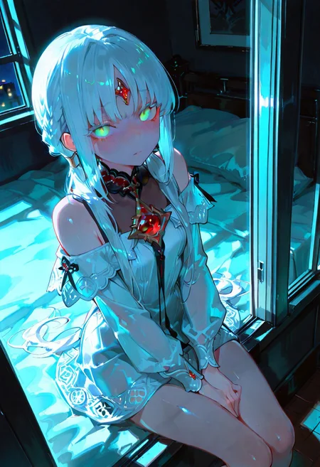 masterpiece, best quality, good quality, newest, highres, absurdres, volumetric lighting,gradient color,
BREAK
raytracing, volumetric lighting, ambient occlusion, girl, luminescent background, masterpiece, best quality, very awa, absurdres,
BREAK
masterpiece,amazing quality,best quality,ultra-detailed,8K,illustration,CG,shiny hair,clear skin,ultra-detailed-eyes,simple background,cute girl, eyelashes
BREAK,
1girl, white hair, blue eyes,
long hair, green eyes, colored eyelashes, forehead jewel, low twintails, french braid, red gemstone, dress, off-shoulder dress, see-through, long sleeves, short dress, sitting on bed, blushing,high angle looking up at viewer,
BREAK
bedroom, bed, night, light passing through the window, detailed shadows, glowing eyes, darkness, room without light,