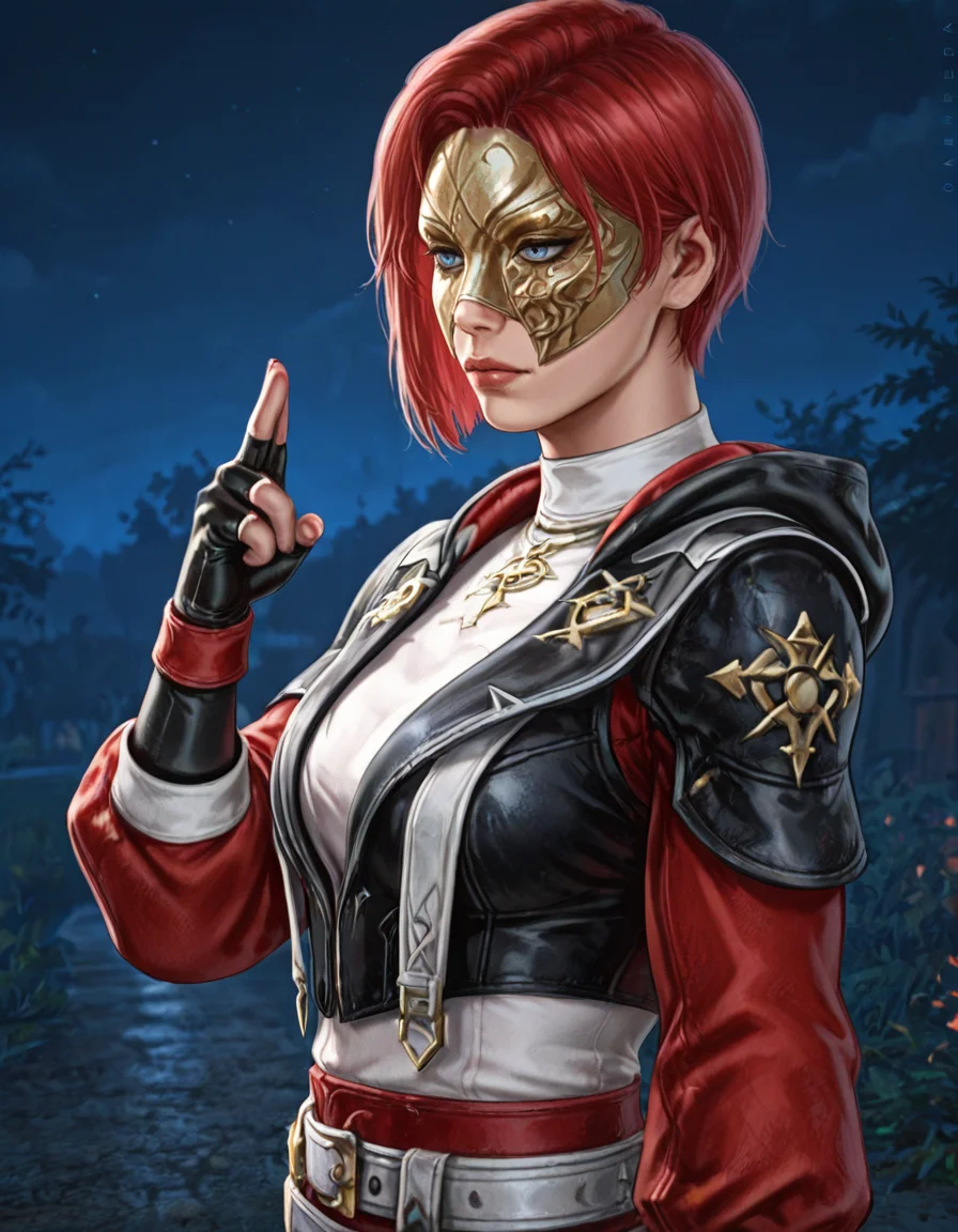 solo, gloves, red hair, mask, fingerless gloves, red sleeve, white shirt, blue eyes, short hair, black gloves, night, 1girl, taurie cain <lora:Taurie_Cain_-_Ceremony_of_Blood_Skin_Dead_by_DaylightIIIustrious:0.6> <lora:Dandonfuga_Style:0.8> d4ndon
