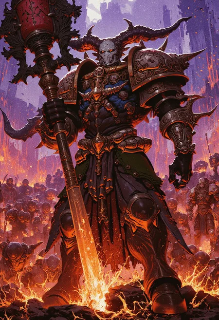Horus Lupercal, the fallen primarch, stands amidst the chaos of battle during the height of the Horus Heresy. His once-pristine armor is now tainted by the dark gifts of Chaos, adorned with skulls, spikes, and the malevolent symbols of the Dark Gods. His eyes burn with hatred for the Emperor, and in his hand, he grips a massive war mace empowered by the Warp. Surrounding him are the traitorous Space Marines of the Sons of Horus, once the proud Luna Wolves, now twisted in their allegiance to Chaos. The sky is filled with dark energies, and the battlefield is aflame as Horus leads the final push against the loyalists in a bid to conquer Terra and claim the throne of the Imperium.，mythp0rt, zhongfenghuaStyle, Detailed hand, Hand, Perfect hand, art by incase