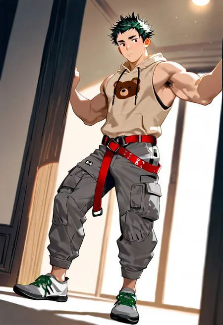 very awa, masterpiece, best quality, absurdres, newest, perfect quality, detailed background, intricate details, realistic,
solo, male focus, full body, short body, smooth body, muscular, male, cute face,
light skin, bright red eyes, thick eyebrows,
dark green hair, (very short hair, spiky hair, messy hair:1.8), armpit hair,
(beige hoodie, brown bear print on hoodie, sleeveless hoodie:1.6), thick arms, (unbuckled belt, red belt, gray cargo pants:1.8), (white sports shoes with black accents, green shoelaces:1.8),
sensual pose, tiny bulge,
inside mansion, night, dim lights, dynamic angle,