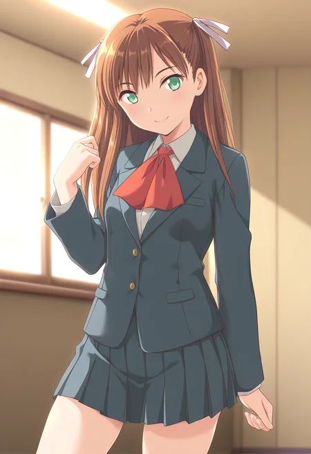 masterpiece, best quality, amazing quality, 1girl, solo, cowboy shot, tomomiww, green eyes, brown hair, long hair, hair ribbon, small breasts, school uniform, dark grey blazer, collared shirt, neckerchief, long sleeves, dark grey pleated skirt, miniskirt, black socks, looking at viewer, smile, indoors, skindentation, detailed clothing folds, depth of field, sharp, high contrast, dynamic light <lora:Shintaisou_Kari_Tomomi_Shirakawa_ill:1>