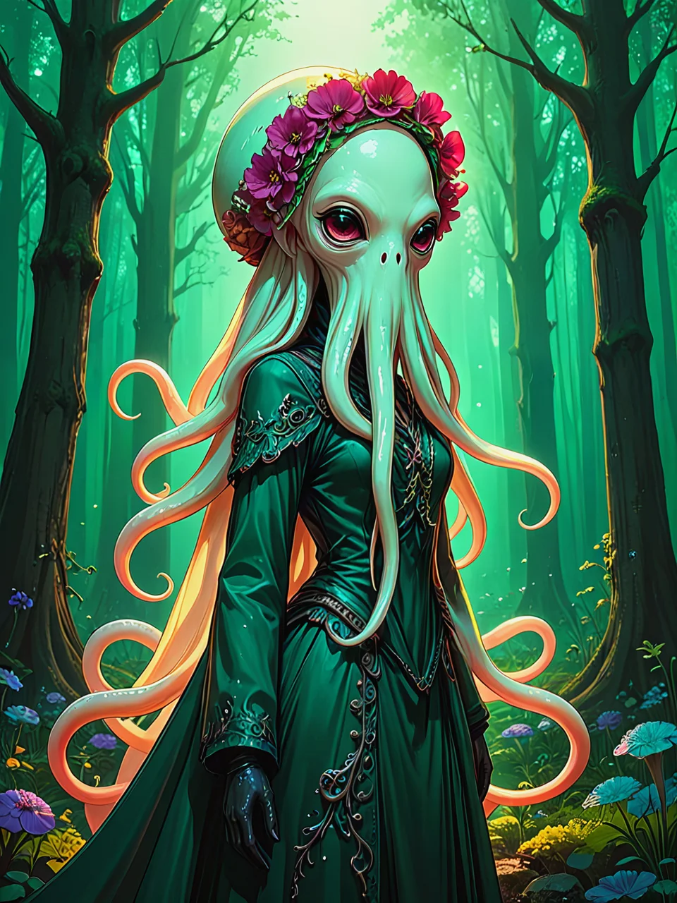Fantasy style.
Squid face fairy. IN a magical forest. Wearing a floral bonnet.
<lora:SquidFace01_CE_XL_300-OT:0.6> sqdfceCE_style