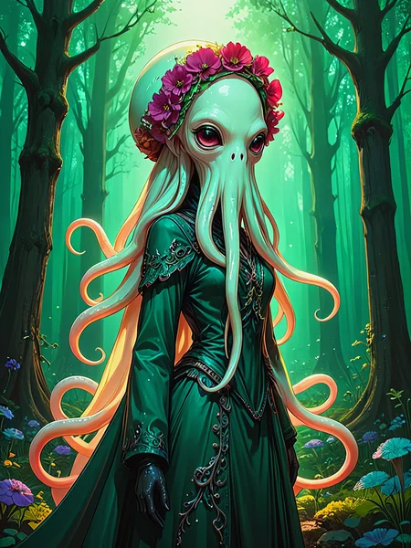 Fantasy style.
Squid face fairy. IN a magical forest. Wearing a floral bonnet.
<lora:SquidFace01_CE_XL_300-OT:0.6> sqdfceCE_style