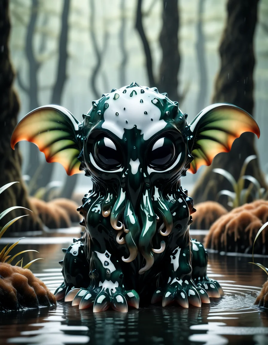 A cute colorful fluffy cthulhu, wildlife photography, in a ral-obsdn swamp, 4K UHD, 8K UHD, High-definition, capturing highest detailed, made of ral-obsdn <lora:ral-obsdn:1>