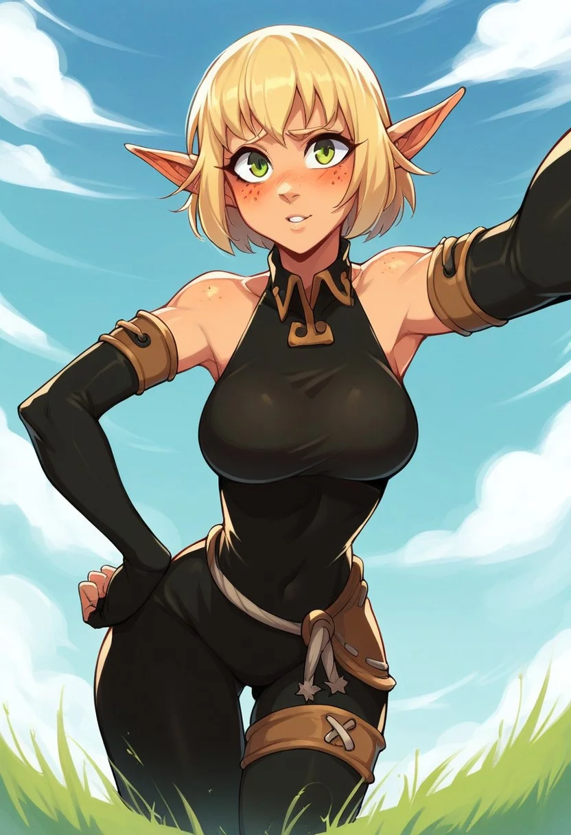 score_9, score_8_up, score_7_up, 1girl, Evaxl, blonde hair, pointy ears, green eyes, sidelocks, short hair, collar, black leotard, bare shoulders, elbow gloves, fingerless gloves, belt, dutch angle, leaning forward, cowboy shot, v sign, parted lips, freckles, blush, sky, grass