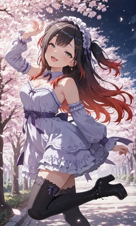 masterpiece, cute, lovely, (best quality:1.3), (amazing quality:1.3), very aesthetic, 1girl, solo, happy, smile. open mouth, high gradient eyes, long hair, green eyes, (red and black hair), very long red hair, streaked hair, multicolored hair, gradient hair, two side up, sidelocks, BREAK, (anime coloring:1.5), cherry blossoms background, leaning back, leaning to the side, light purple gothic dress with ribbon , headdress, x hairpin, fangs, earrings, chocker with ruby, smile, very long hair, thigh high garters, Platform high heel boots, thighhigh, detached sleeves, free pose, delicate skin texture, fair skin, delicate face, long eyelashes, pastels, bright tones, wind, light particles, light, bright tones, motion lines, extremely detailed, intricate, delicate details, movie lighting, very beautiful, absurd, dynamic graphics, dynamic angles, special movements, dynamic poses, action poses, dynamic movements, (Illustration: 1.2), (8K Wallpaper), (Beautiful, pretty eyes: 1.2), Delicate eyes, beautiful, soft colors, clear line, 748cmstyle, project sekai, soft, pastel, colorful, upper body