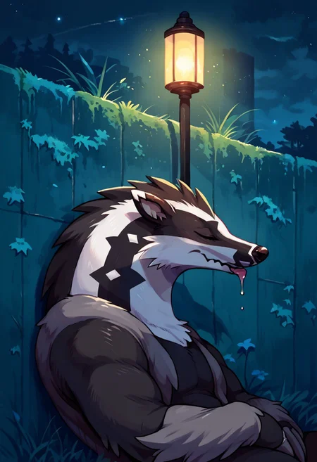 score_9, score_8_up, score_7_up, detailed background, outdoors, lamp post, night, dark theme, soft lighting, solo, Obstagoon, Black and white fur, Bushy fur, drool, sit, leaning back on wall, closed eyes, sleeping, side view, sbfte, face focus, medium shot, close-up