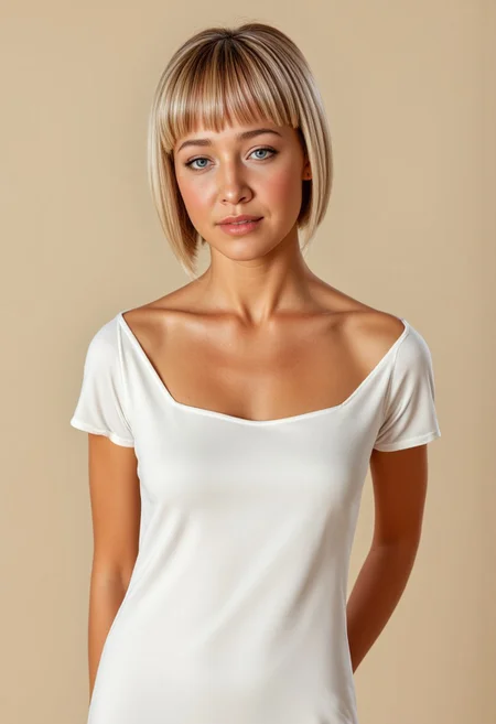She is approximately 18 years old. Hyperrealism, she is looking at the camera, (dynamic angles),full body shots of a beautiful, stunning unique female character. she has blonde hair. her eyes are filled with joy and excitement, extravagant eyelashes, a photo of Stephani3_LT, a woman wearing a white wedding dress. The woman is posing confidently. simple cream colored background. She has a slight smile on her face and is looking directly at the camera. making this image a masterpiece of photography and digital art. realistic. making this image a masterpiece of photography and digital art. Style: realistic hyper-detailed rendering, 32k UHD, expressive eyes, punk, graphic design, girl's face, pretty and cute, gleaming lips, telling a tale of adventure. Exuding confidence and serenity. The overall mood of the image is happy and relaxed,detailed skin texture,(blush:0.2),(goosebumps:0.3),subsurface scattering,whimsical,Detailed hand, Perfect hand. Perfection style.