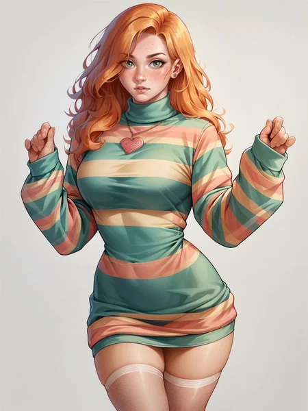 score_9, score_8_up, score_7_up, score_6_up, score_5_up, score_4_up, 1girl, ginger hair, curvy, <lora:plzdXLP2:0.6> plzd, sweater dress, stripes, thighhighs,